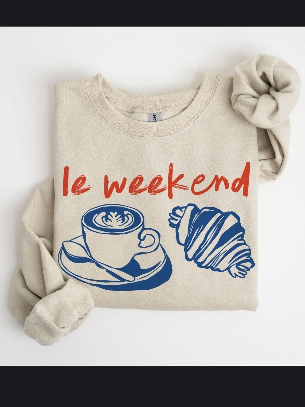 Beige "le weekend" Graphic Sweatshirt with Blue & Red Print
